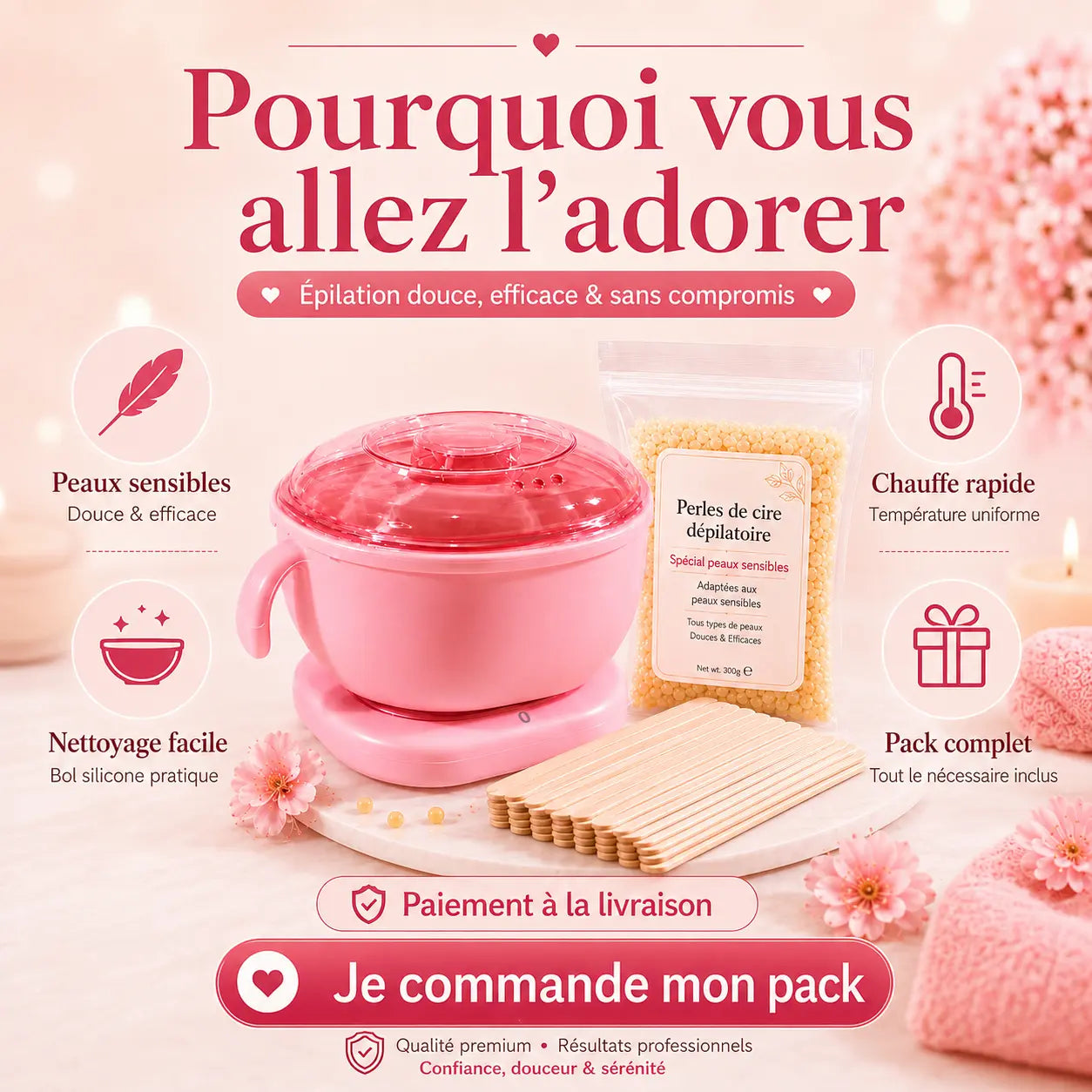 Pack Épilation Complet à la Maison – Chauffe-Cire + Cire + Bâtonnets