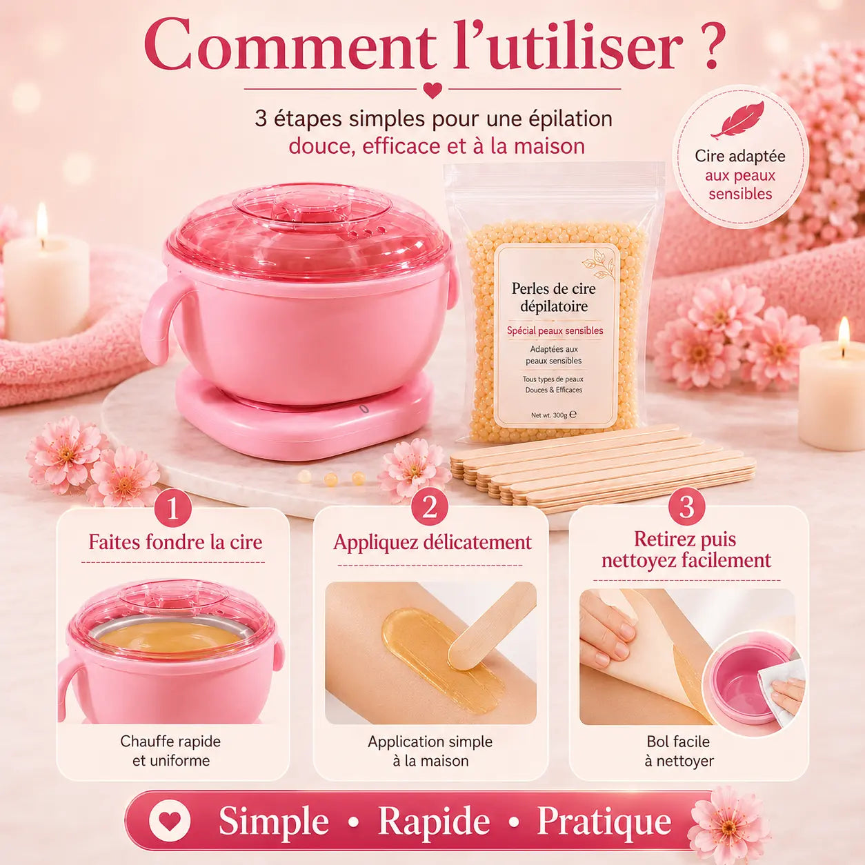 Pack Épilation Complet à la Maison – Chauffe-Cire + Cire + Bâtonnets