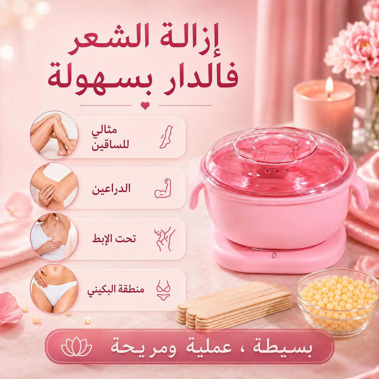 الباك الكامل لإزالة الشعر فالدار – جهاز تسخين الشمع + الشمع + الأعواد
